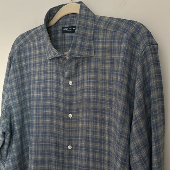 Peter Millar Blue Plaid 100% Linen Button-Up Shirt Mens Long Sleeve Size Large - Picture 4 of 11
